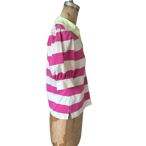 Maeve Anthropologie puff sleeve rugby Pink/White stripe polo top Green Collar S - Picture 4 of 8